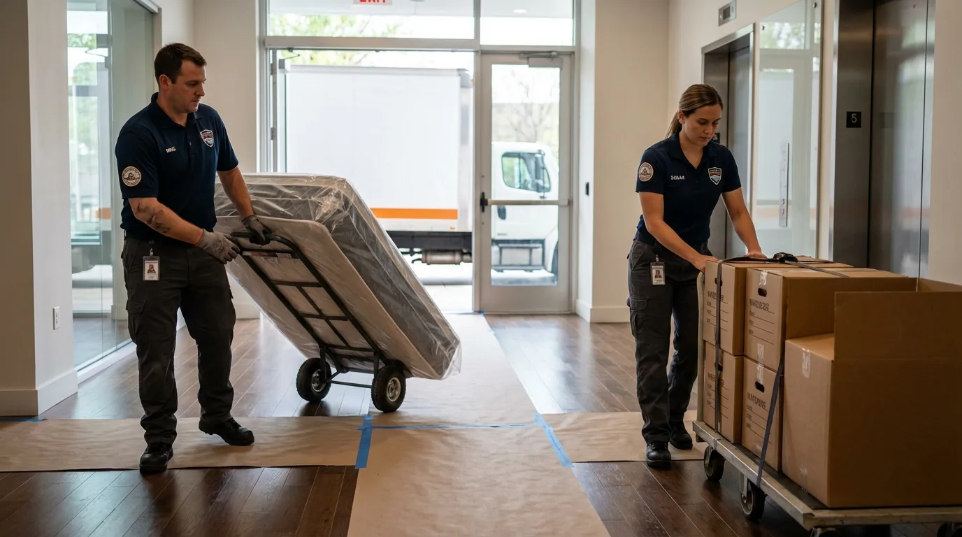 Professional apartment movers loading elevator in Glendive, MT
