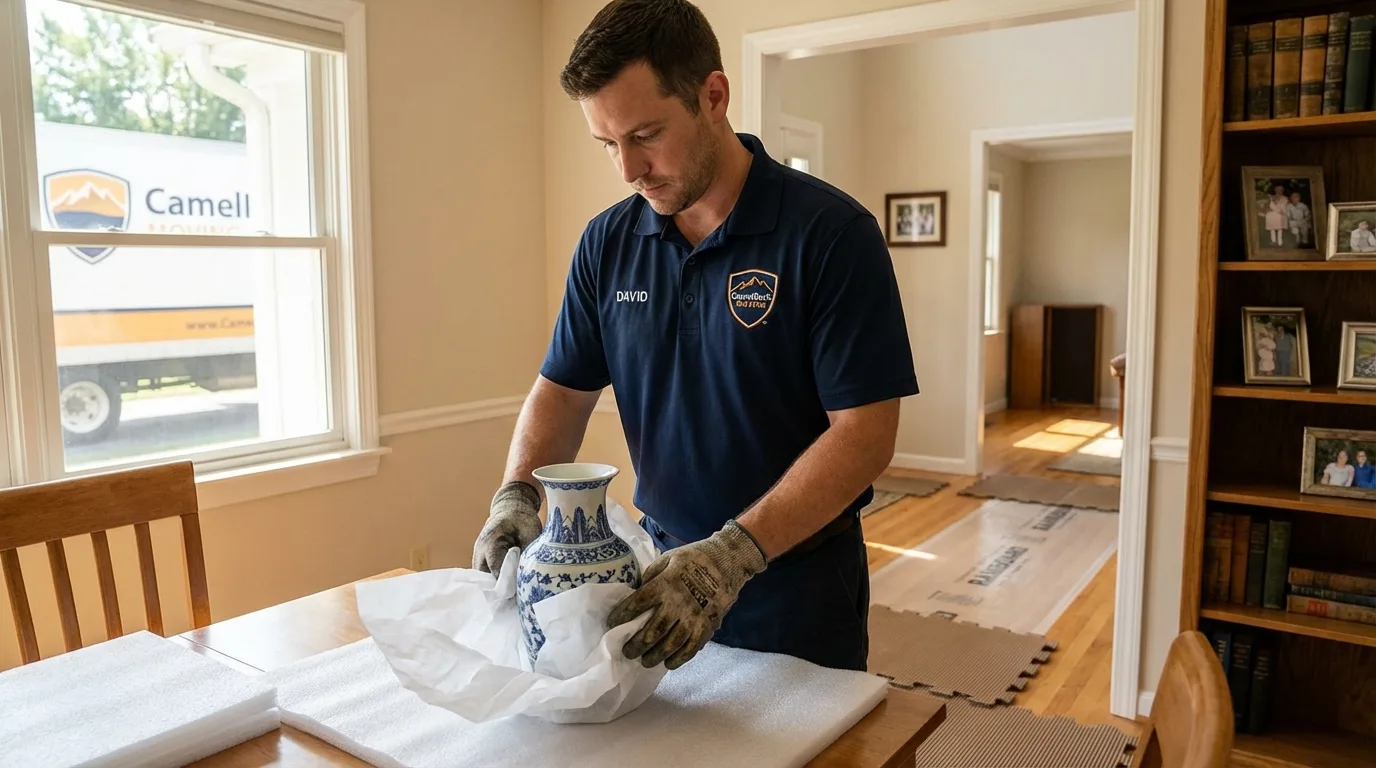 Professional crew carefully wrapping antique vase for senior downsizing move in Glendive, MT